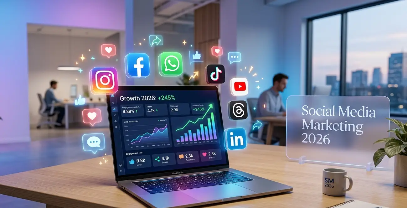 social media marketing 2026 analytics growth with social media platforms icons